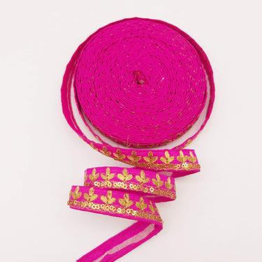 Fuchsia Pink Art Silk Trim with Gold Floral Embroidery and Gold Sequins Indian Sari Border Trim By 3 Yards Decorative Trim Craft Lace